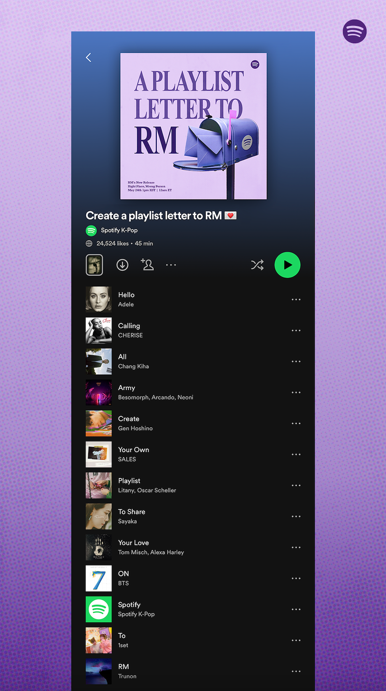 Spotify Calls On ARMY To Send Their Playlist Letters To BTS’ RM